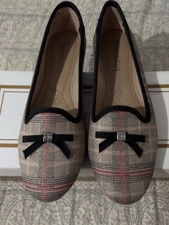 Charter Club Shoes - Charter Club Plaid Bow Flats in Beige, Black and Red Accent
